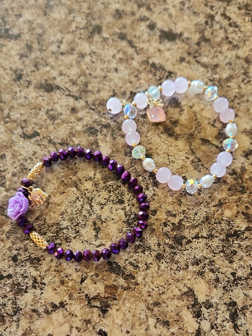 Purple And Pink Ornamental Beaded ROSE and ELEPHANT charmed Stretch Bracelet Duo